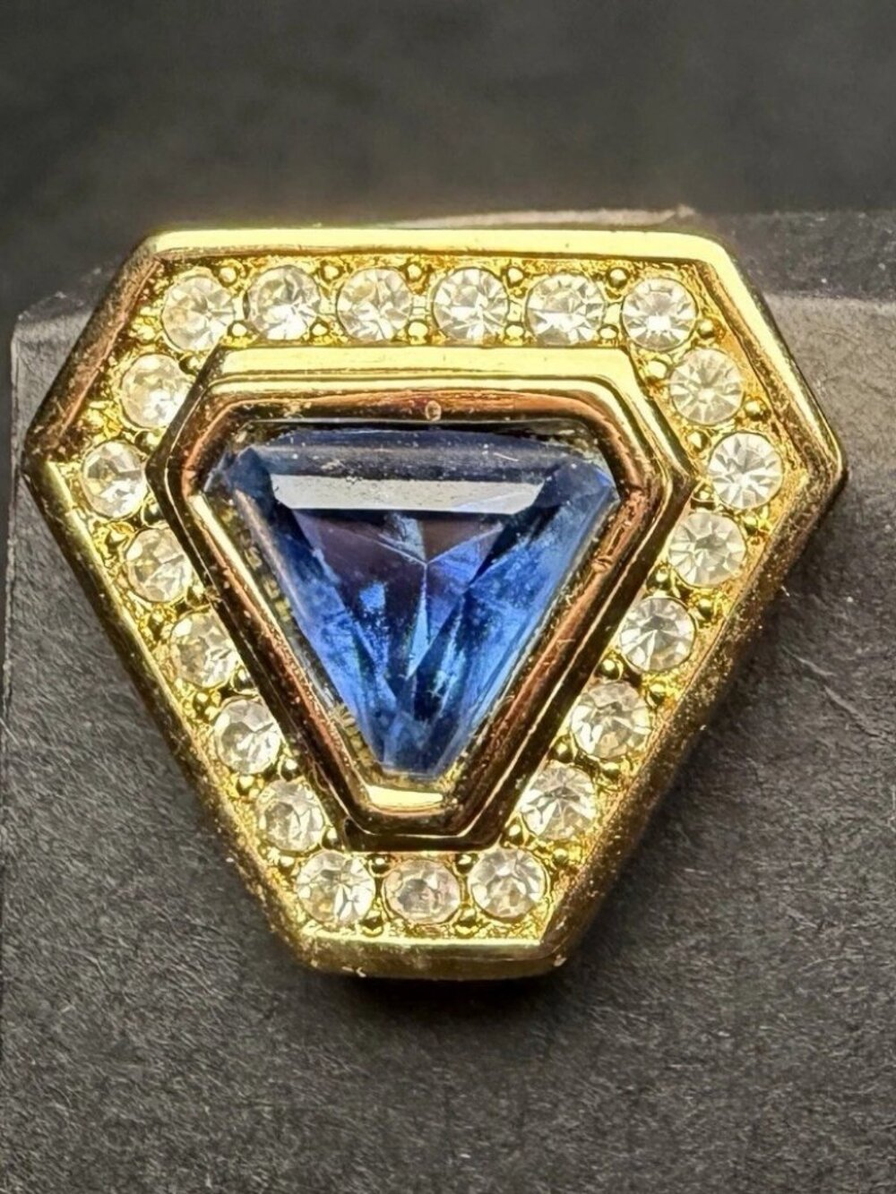 VINTAGE Christian Dior Gold Plated White & Blue Crystal Triangle Clip Earrings